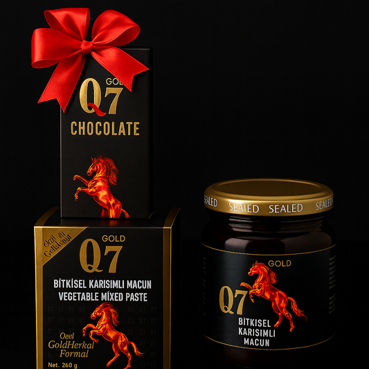Set Cadou Afrodisiac Q7 Gold – Combinația Perfectă între Miere și Ciocolată