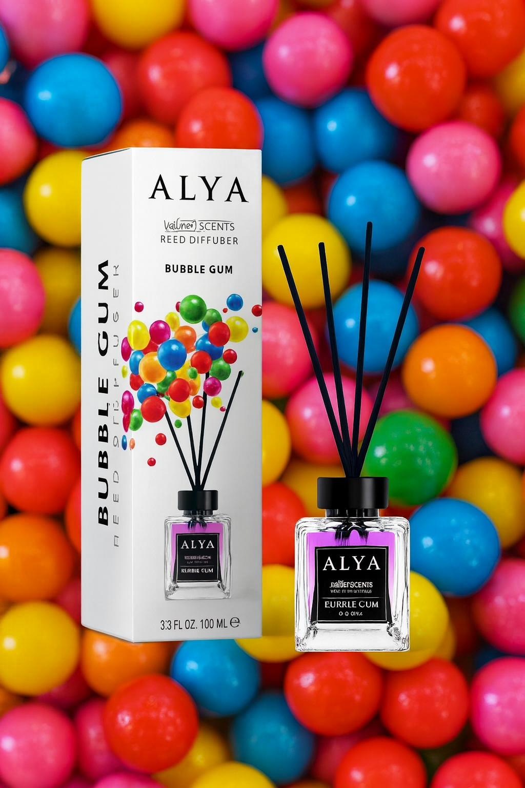 Odorizant de Cameră BUBBLE GUM – ALYA | Reed Diffuser cu Bețișoare din Ratan – 100 ml