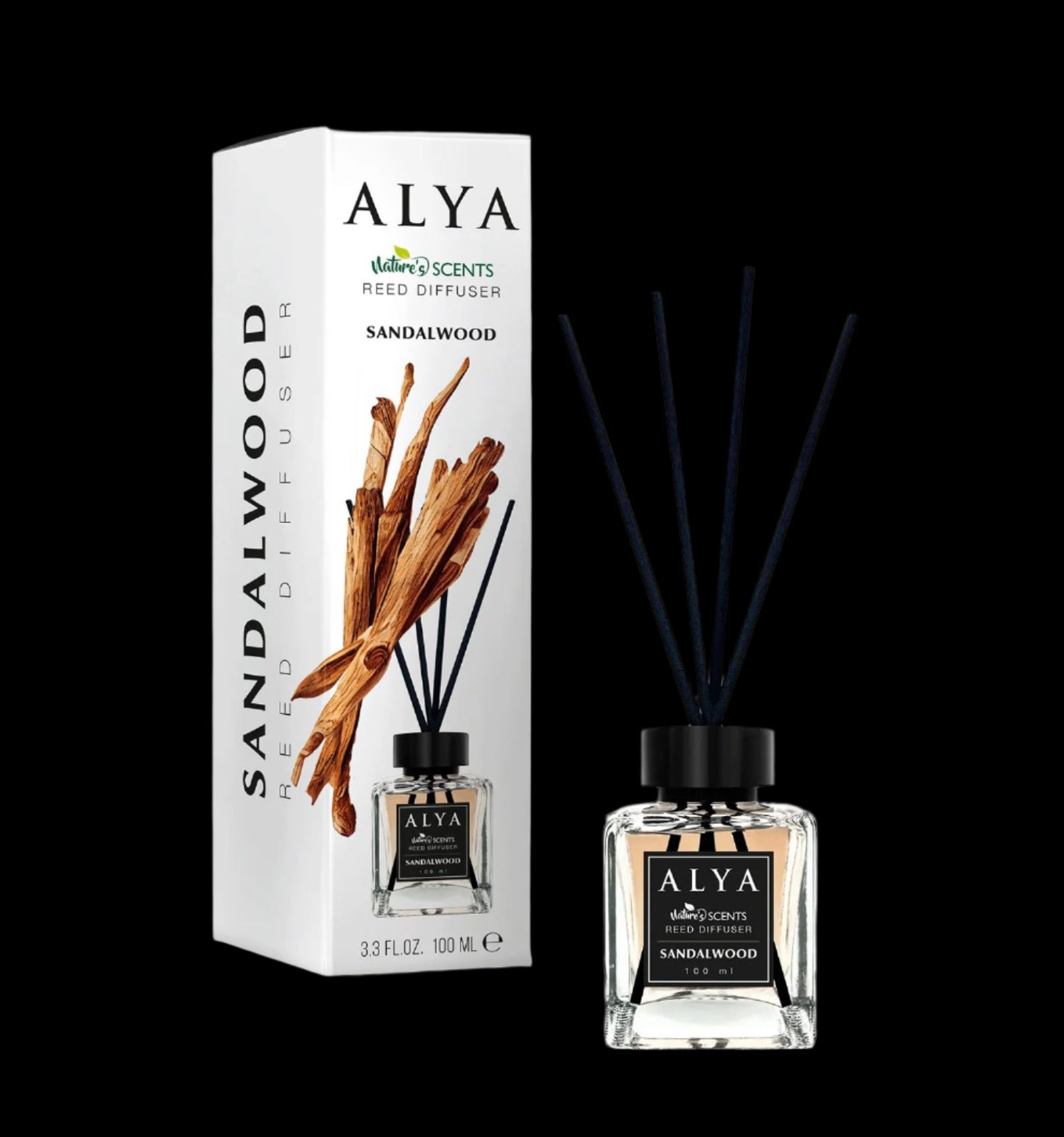 Odorizant de cameră Alya Sandalwood cu bețișoare din ratan – 100 ml. Aromă caldă de lemn de santal