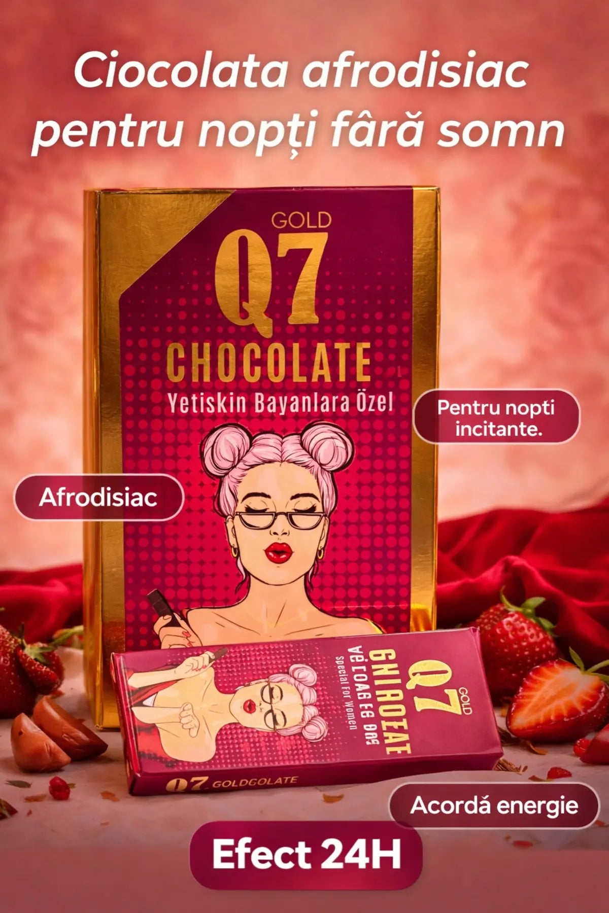 Ciocolată Afrodisiacă Q7 Strawberry  – Supliment Alimentar Natural, 12 bucăți