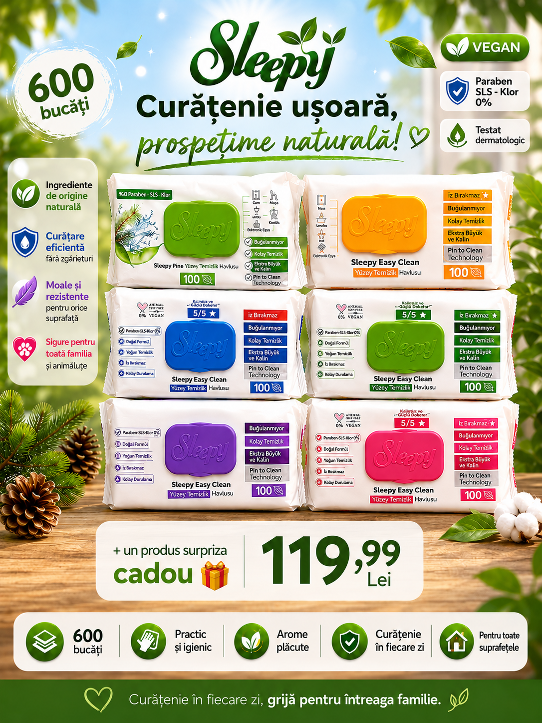 Sleepy Easy Clean – Set 6 Pachete Șervețele Umede Curățare (600 buc.) + Cadou