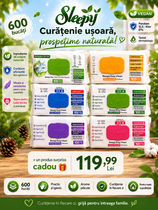 Sleepy Easy Clean – Set 6 Pachete Șervețele Umede Curățare (600 buc.) + Cadou