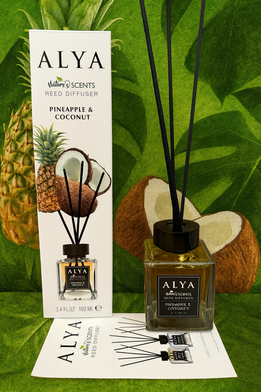 Odorizant de Cameră PINEAPPLE & COCONUT – ALYA | Reed Diffuser cu Bețișoare din Ratan – 100 ml