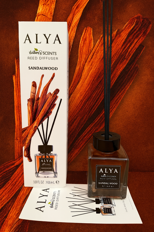 Odorizant de cameră Alya Sandalwood cu bețișoare din ratan – 100 ml. Aromă caldă de lemn de santal