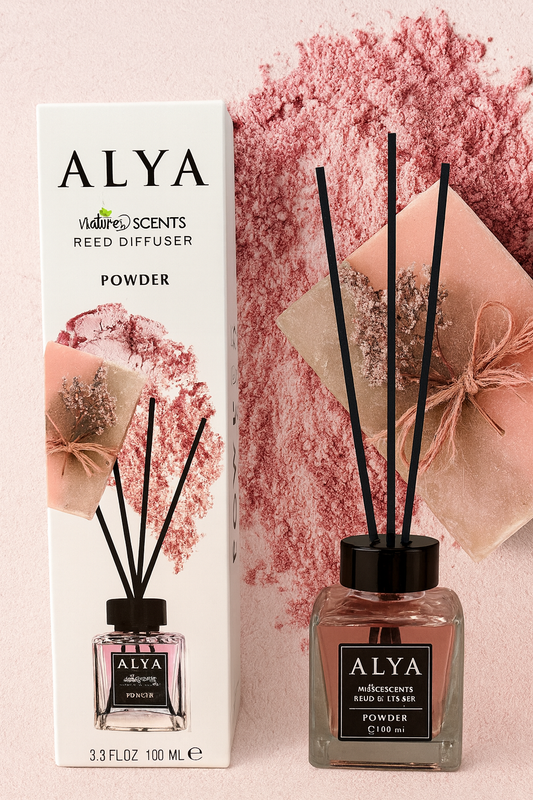 Odorizant de Cameră POWDER – ALYA | Reed Diffuser cu Bețișoare din Ratan – 100 ml