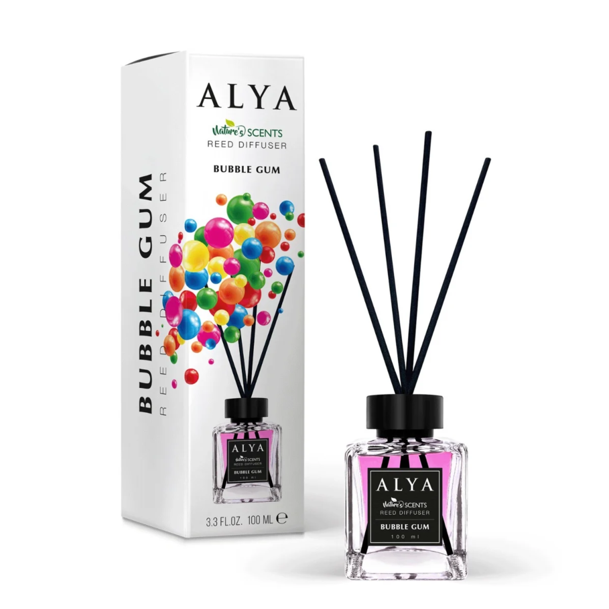 Odorizant de Cameră BUBBLE GUM – ALYA | Reed Diffuser cu Bețișoare din Ratan – 100 ml