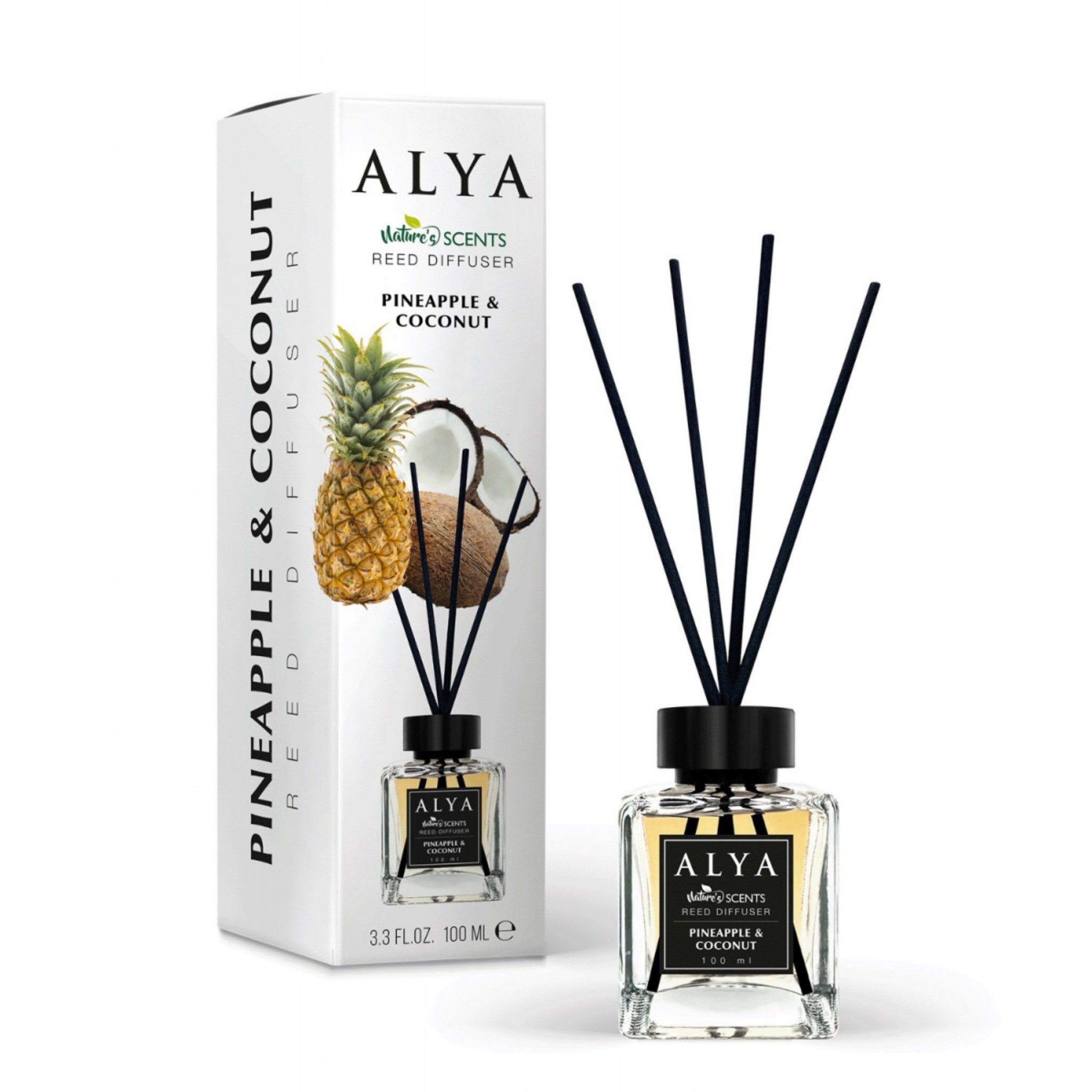 Odorizant de Cameră PINEAPPLE & COCONUT – ALYA | Reed Diffuser cu Bețișoare din Ratan – 100 ml