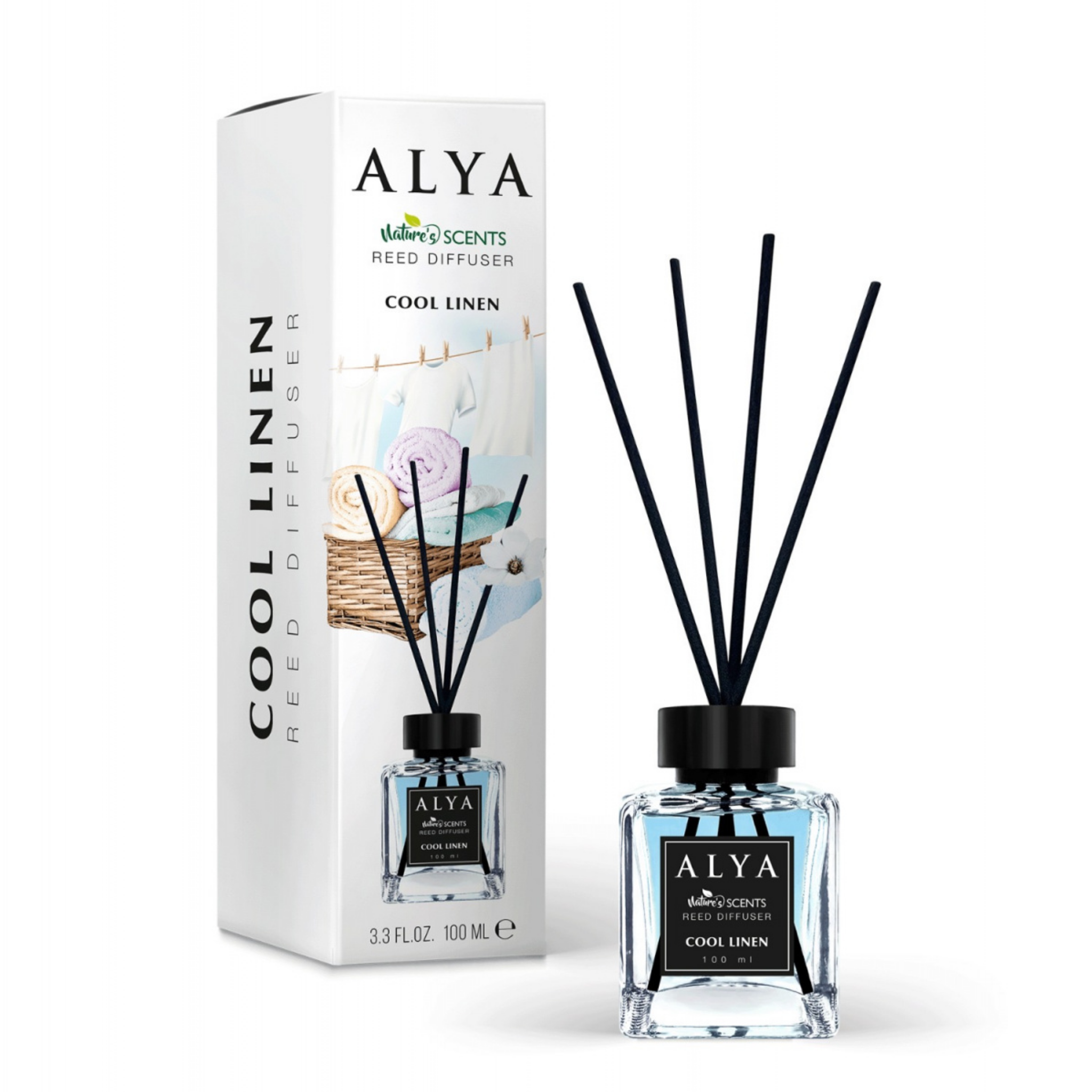 Odorizant de Cameră COOL LINEN – ALYA | Reed Diffuser cu Bețișoare din Ratan – 100 ml