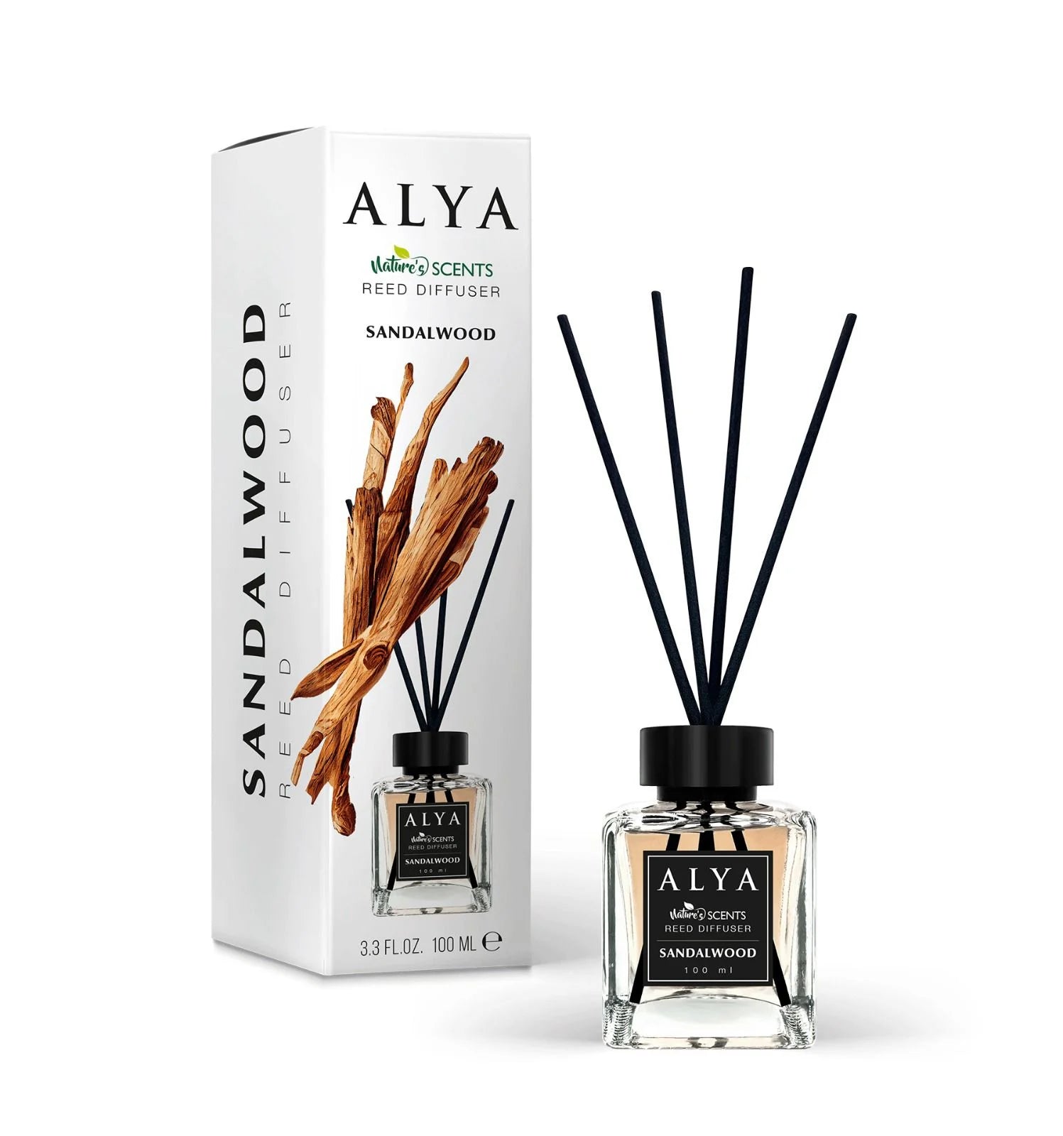 Odorizant de cameră Alya Sandalwood cu bețișoare din ratan – 100 ml. Aromă caldă de lemn de santal