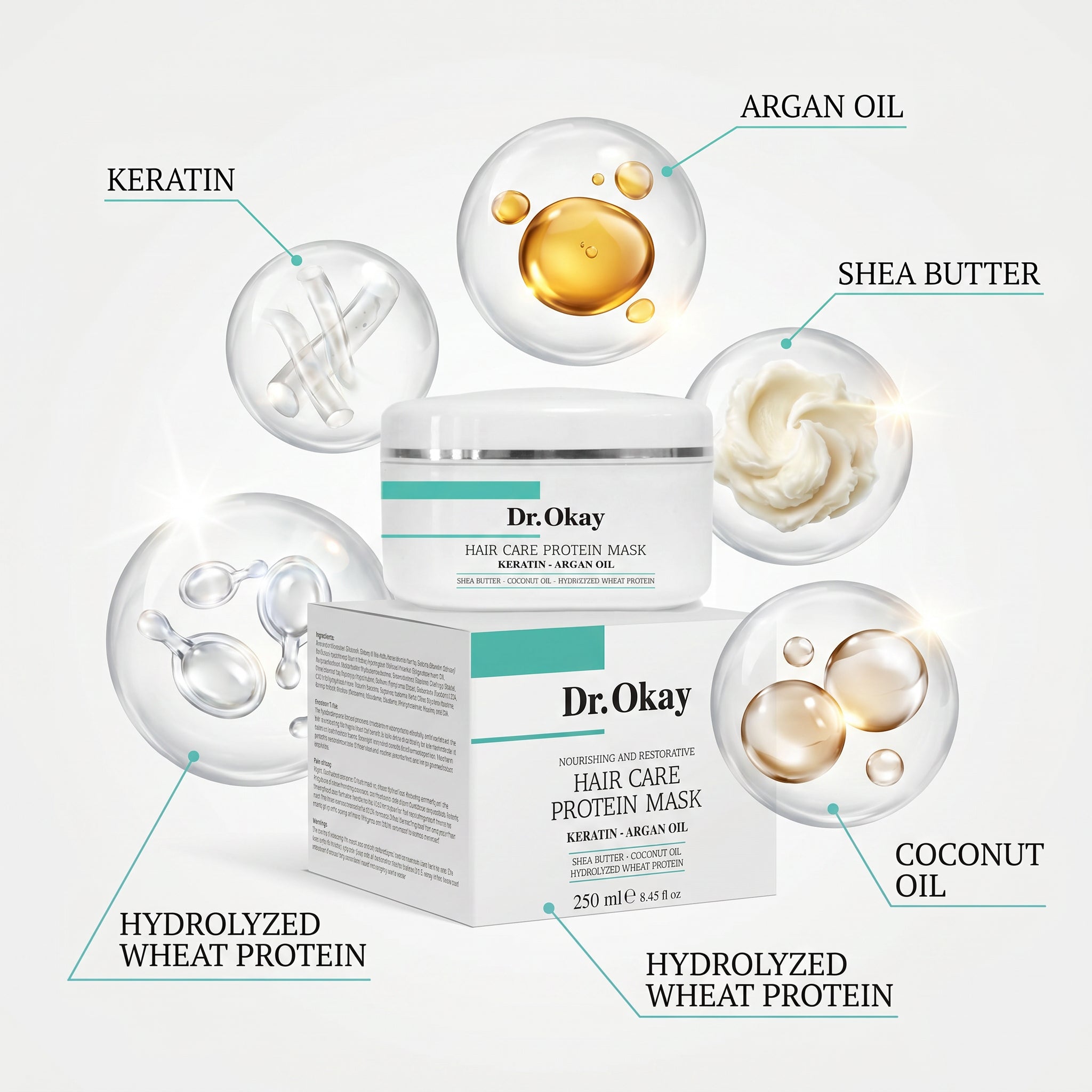 Mască Proteică pentru Reparare și Hidratare cu Keratină și Ulei de Argan Dr. Okay 250ml